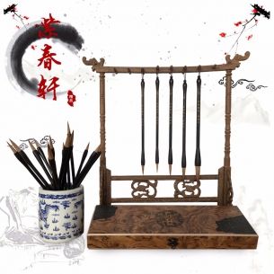 紫春轩纯狼毫毛笔仿虎皮礼盒黑檀木毛笔5支装